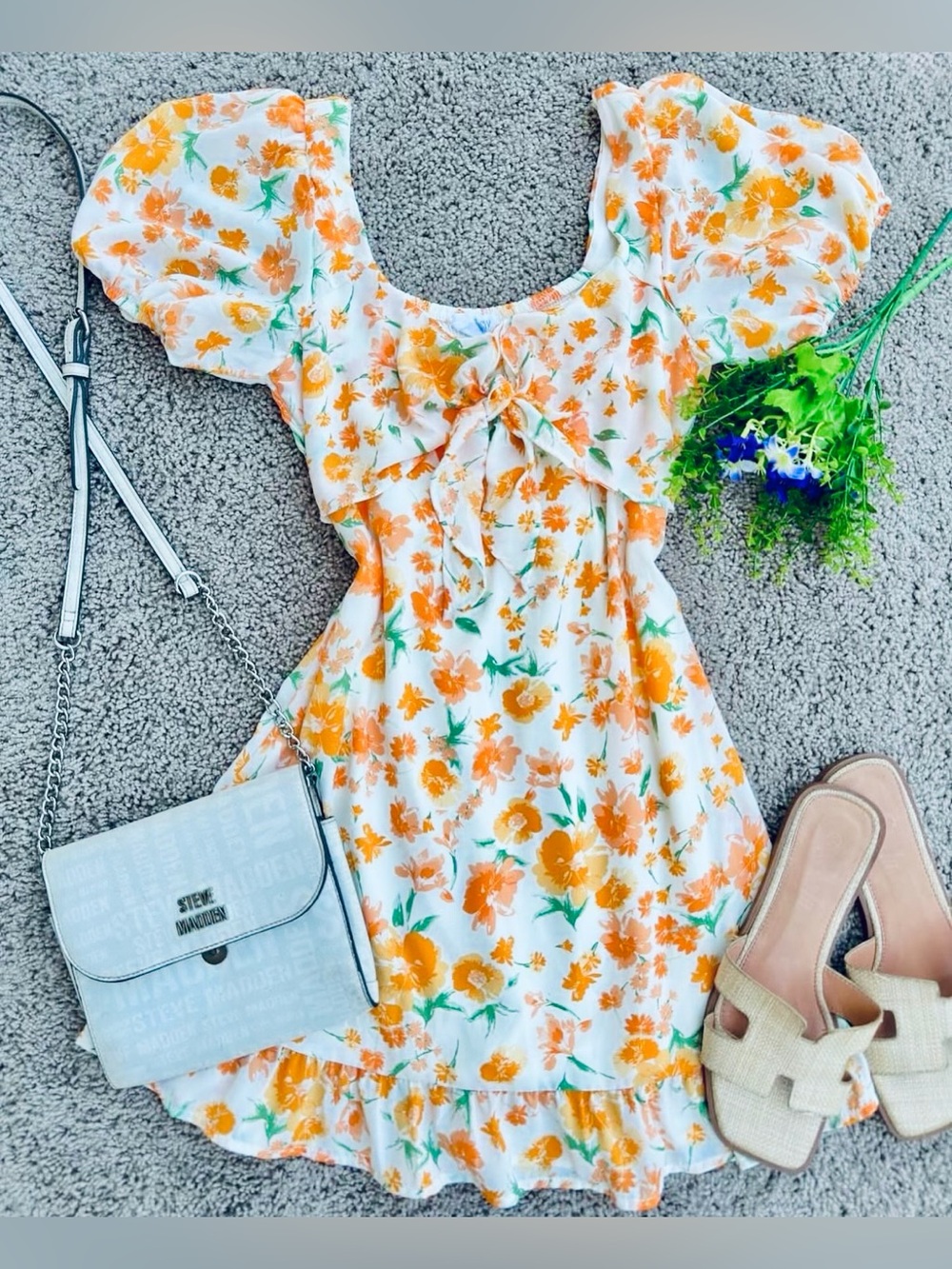 Sienna Sky White & Orange Floral Puff-Sleeve Sundress